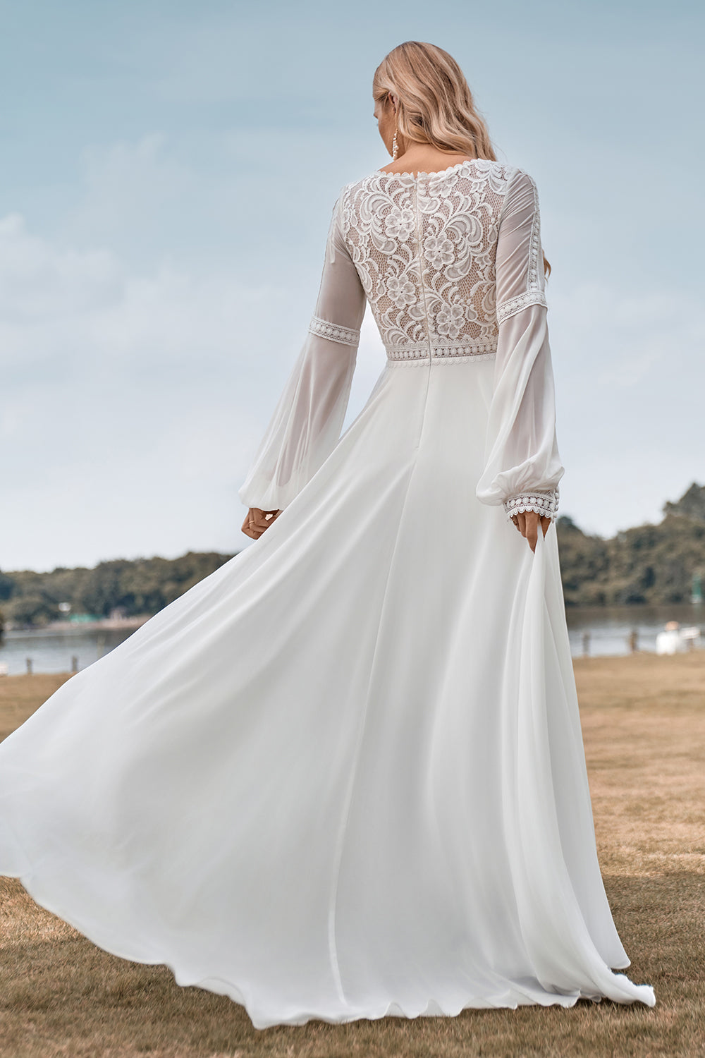 Zapaka Women Ivory Wedding Dress with Lace Deep V-Neck Long Sleeves Bridal Dress, Ivory / US16 Zapaka Women Ivory Wedding Dress with Lace Deep V-Neck Long Sleeves Bridal Dress, Ivory / US16