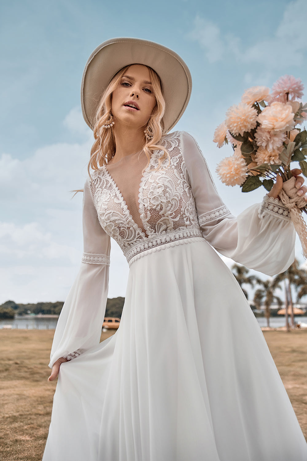 ZAPAKA Women Ivory Wedding Dress with Lace Deep V-Neck Long Sleeves Bridal Dress, Ivory / US16W ZAPAKA Women Ivory Wedding Dress with Lace Deep V-Neck Long Sleeves Bridal Dress, Ivory / US16W