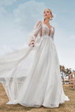 Long Sleeves Open Back Ivory A Line Wedding Dress with Appliques