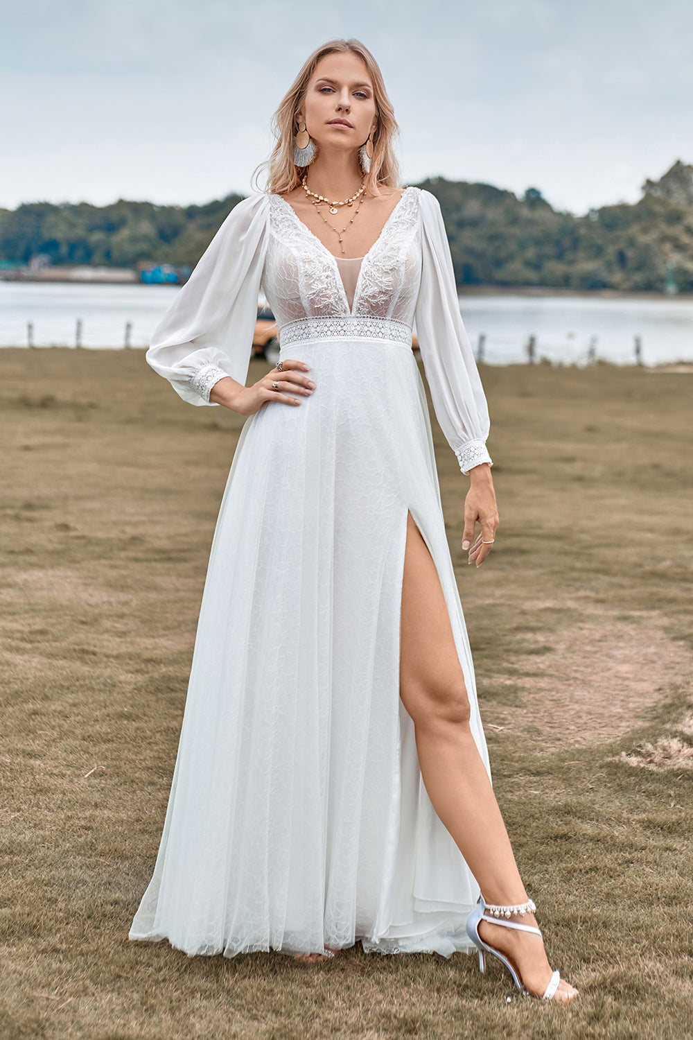 A-Line Tulle Beaded Ivory Wedding Dress with Long Sleeves