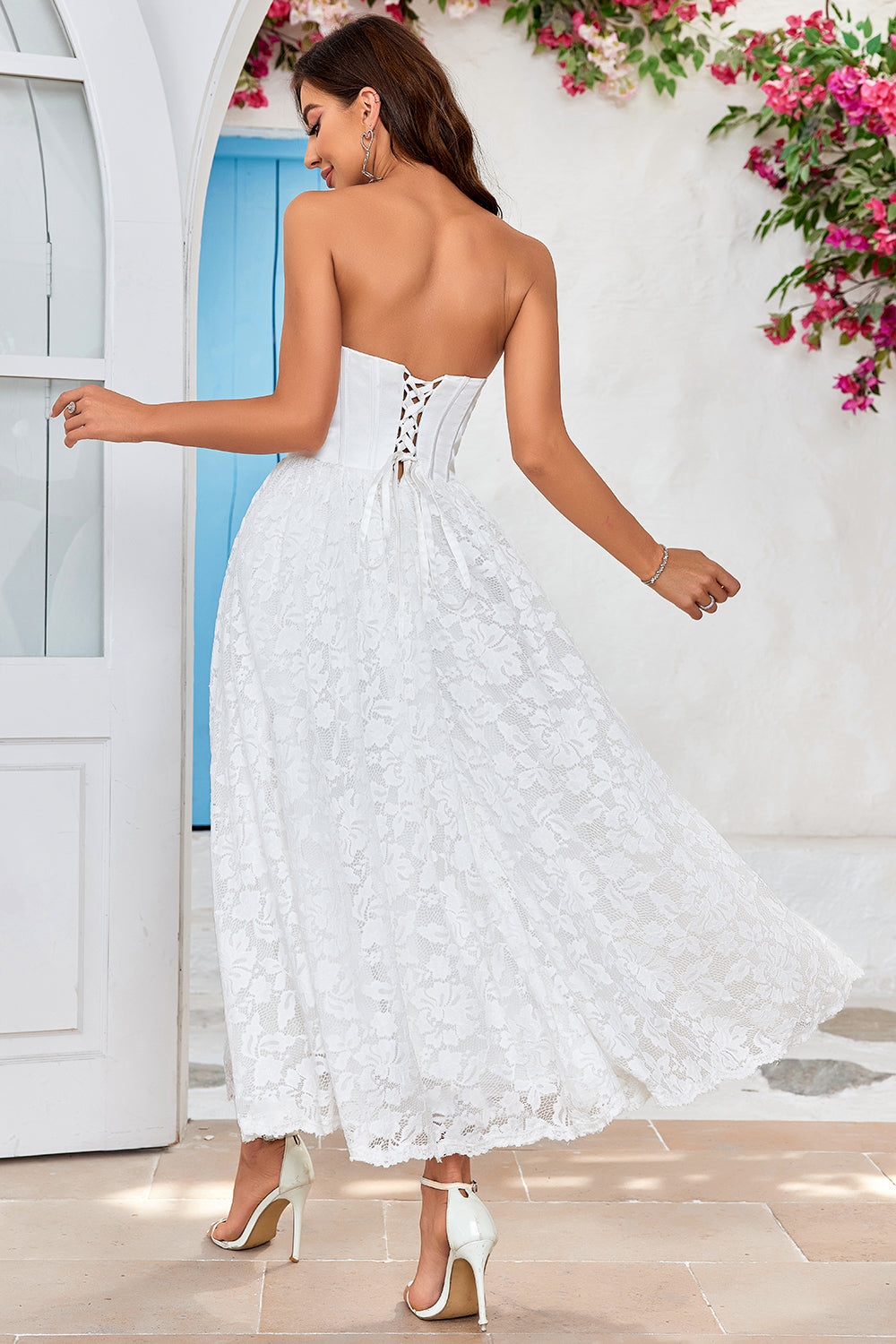 Zapaka Women Ivory Strapless Corset Tea-Length Wedding Dress with Lace, Ivory / US14 Zapaka Women Ivory Strapless Corset Tea-Length Wedding Dress with Lace, Ivory / US14