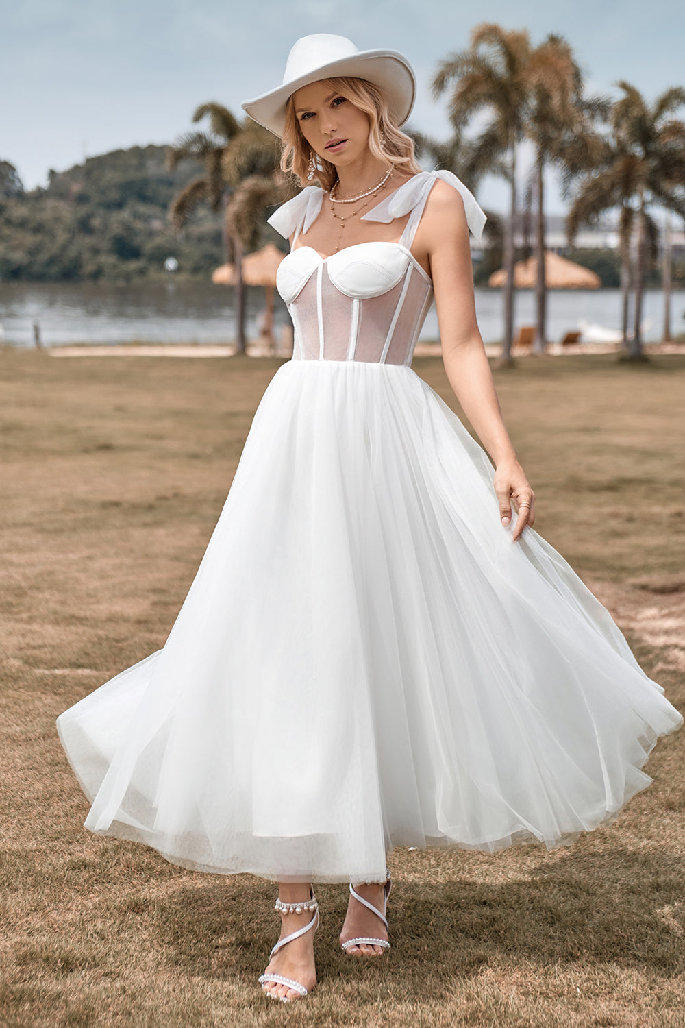 Zapaka Women Ivory Strapless Corset Tea-Length Wedding Dress with Lace, Ivory / US2 Zapaka Women Ivory Strapless Corset Tea-Length Wedding Dress with Lace, Ivory / US2
