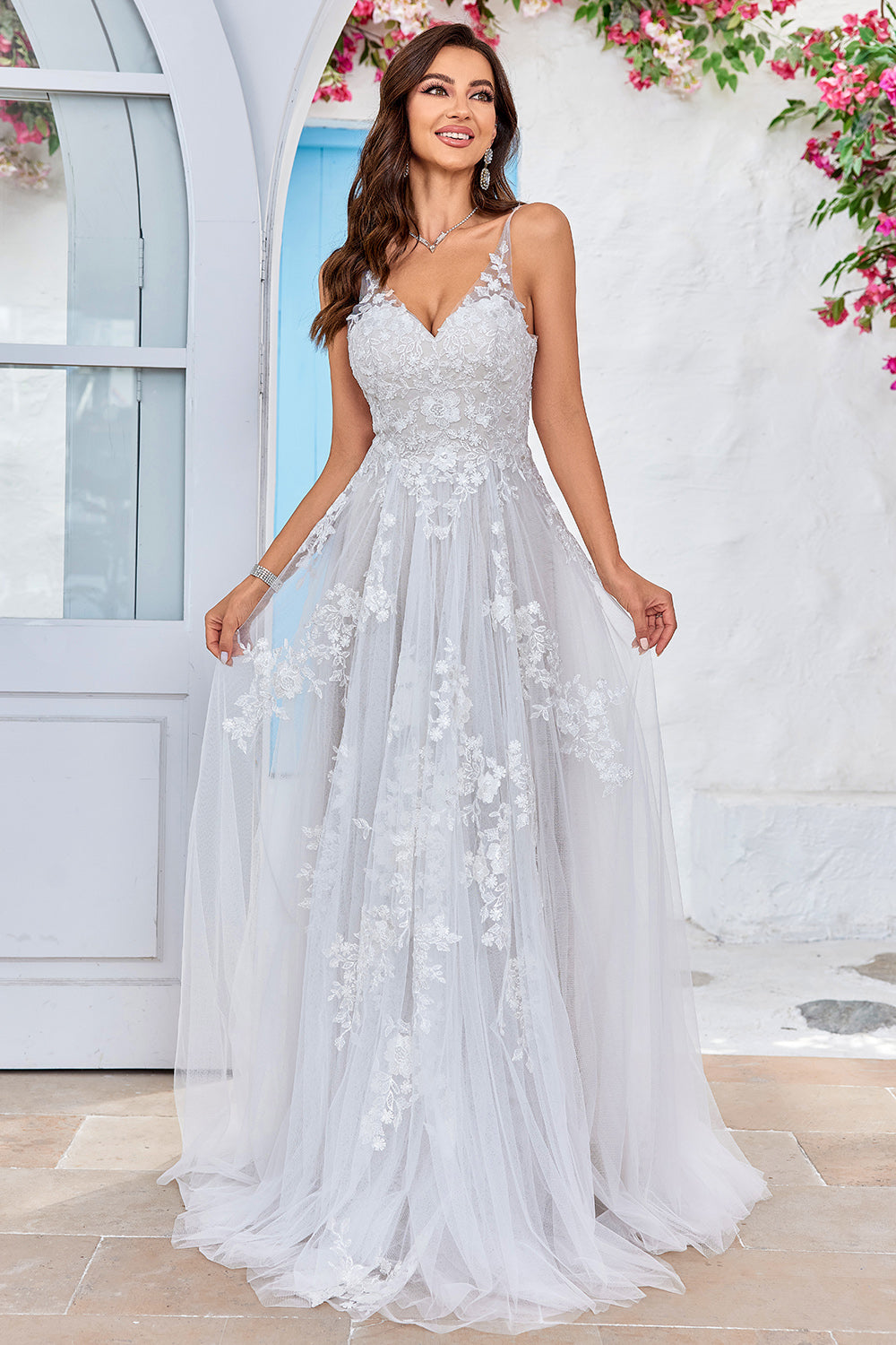 ZAPAKA Women Ivory Long Wedding Dress with Embroidery A-Line Tulle Backless Bridal Dress ZAPAKA Women Ivory Long Wedding Dress with Embroidery A-Line Tulle Backless Bridal Dress