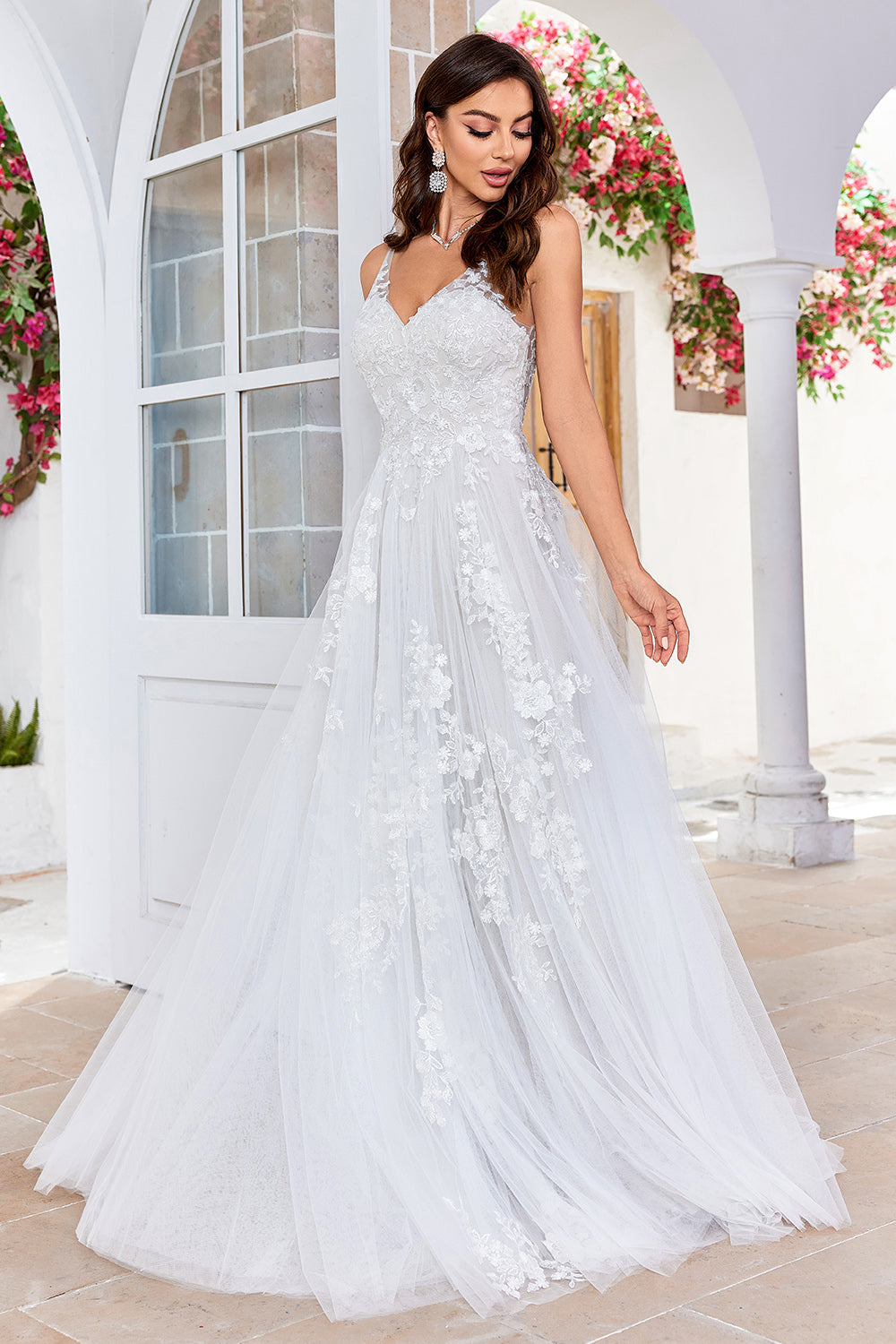 Zapaka Women Ivory Long Wedding Dress with Embroidery A-Line Tulle Backless Bridal Dress, Ivory / US8 Zapaka Women Ivory Long Wedding Dress with Embroidery A-Line Tulle Backless Bridal Dress, Ivory / US8