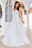 Tulle Backless Ivory Long A Line Wedding Dress with Embroidery