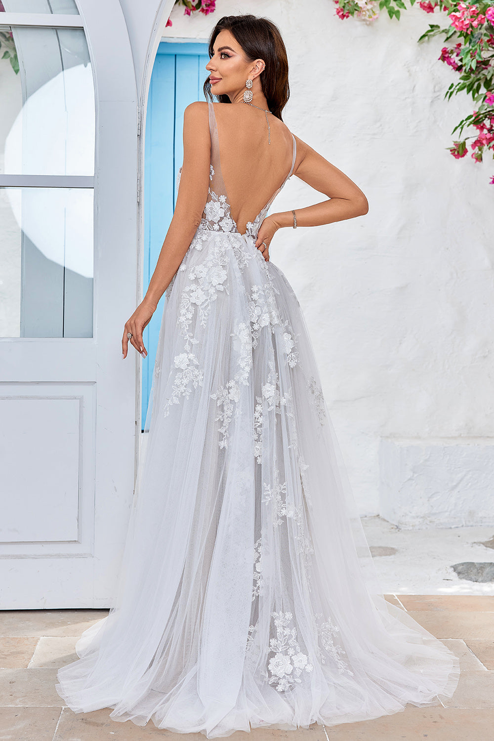 ZAPAKA Women Ivory Long Wedding Dress with Embroidery A-Line Tulle Backless Bridal Dress, Ivory / US8 ZAPAKA Women Ivory Long Wedding Dress with Embroidery A-Line Tulle Backless Bridal Dress, Ivory / US8