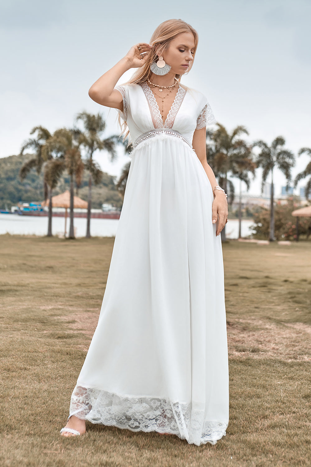 ZAPAKA Women Deep V-neck Simple Boho Wedding Dress with Slit A Line Bridal Dress, Ivory / US4 ZAPAKA Women Deep V-neck Simple Boho Wedding Dress with Slit A Line Bridal Dress, Ivory / US4