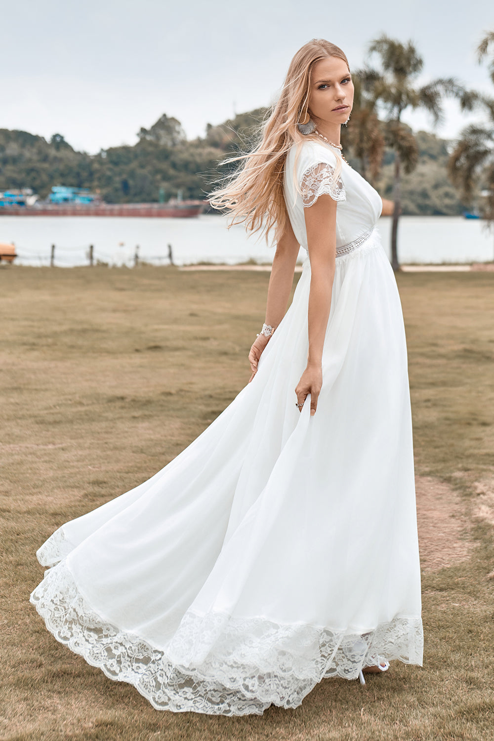 ZAPAKA Women Deep V-neck Simple Boho Wedding Dress with Slit A Line Bridal Dress, Ivory / US4 ZAPAKA Women Deep V-neck Simple Boho Wedding Dress with Slit A Line Bridal Dress, Ivory / US4