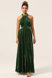 Elegant A Line V Neck Dark Green Covertible Wear Velvet Long Bridesmaid Dress