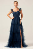 Detachable Straps A Line Tiered Long Dusty Blue Bridesmaid Dress