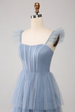 Dusty Blue A Line Tiered Tulle Corset Bridesmaid Dress with Slit