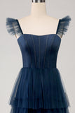 Navy Tulle Navy A Line Tiered Corset Bridesmaid Dress with Slit