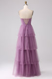 Purple A Line Tulle Tiered Pleated Long Prom Dress with Slit