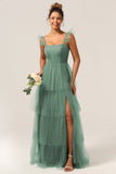 Detachable Straps A Line Tiered Long Dusty Blue Bridesmaid Dress
