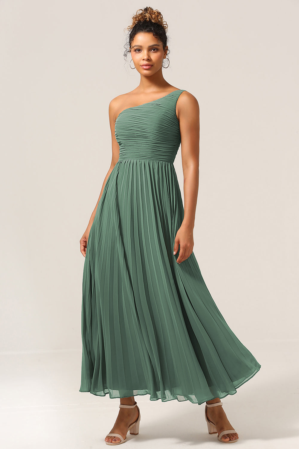 A Line One Shoulder Eucalyptus Long Bridesmaid Dress with Ruched