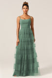 Eucalyptus A Line Spaghetti Straps Tulle Long Bridesmaid Dress