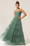 Eucalyptus A Line Spaghetti Straps Tulle Long Bridesmaid Dress