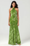Velvet Halter Olive Bridesmaid Dress