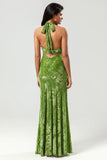 Confidently Charismatic Mermaid Halter Neck Olive Velvet Long Bridesmaid Dress