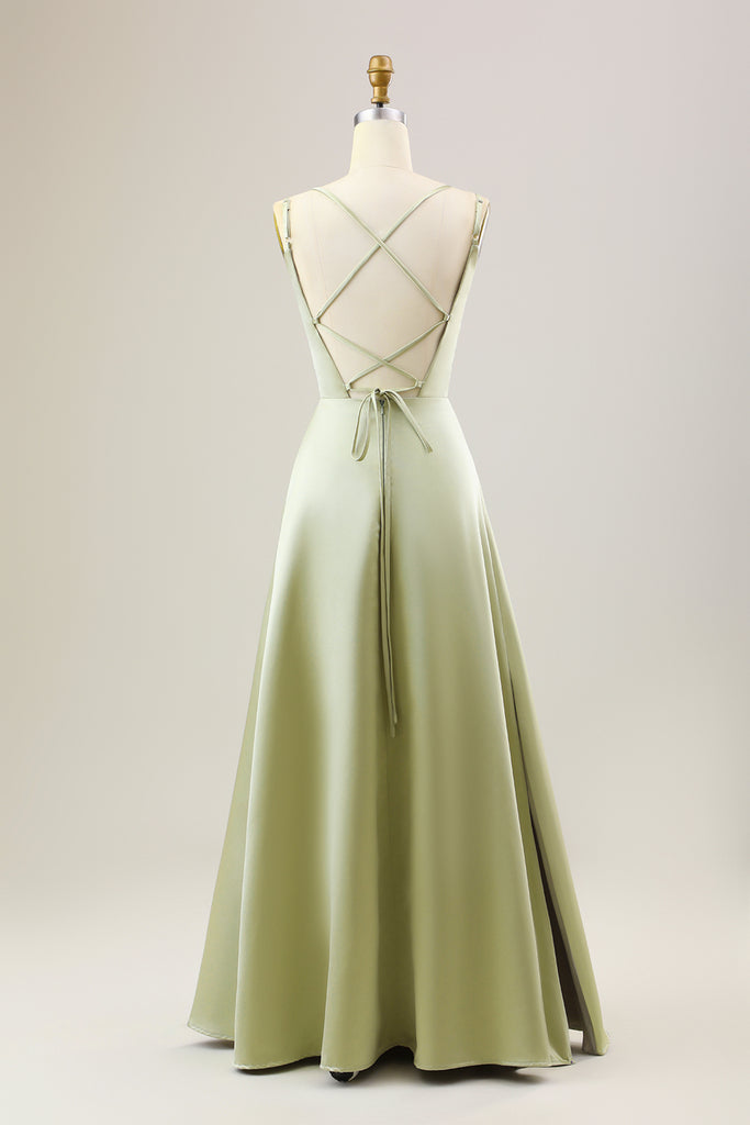 Pleated A-line Spaghetti Straps V-neck Dresses Dusty Sage