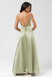 Dusty Sage A Line Spaghetti Straps Long Satin Bridesmaid Dress