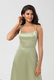 Dusty Sage A Line Spaghetti Straps Long Satin Bridesmaid Dress
