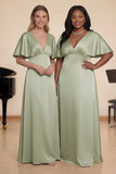Dusty Sage A-line Satin V-Neck Choir Dress with Flutter Sleeves