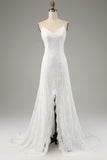 Ivory Mermaid Lace Spaghetti Straps Wedding Dress with Slit