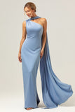 Sheath One Shoulder Satin Long Blue Bridesmaid Dress