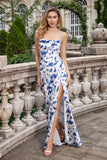 Blue Sheath Spaghetti Straps Pleated Long Bridesmaid Dress with Slit