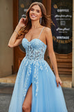 Tulle A-Line Spaghetti Straps Sky Blue Long Corset Prom Dress with Appliques