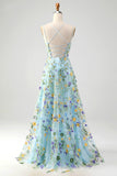 Light Purple A-Line Spaghetti Straps Floral Long Prom Dress with Appliques