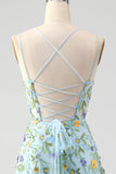 Blue Flower A Line Spaghetti Straps Corset Embroidered Prom Dress with Slit