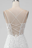 Ivory A Line Spaghetti Straps Applique Lace Corset Wedding Dress with Slit
