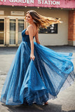 Navy A-Line V-Neck Long Beaded Tulle Prom Dresses With Pleated