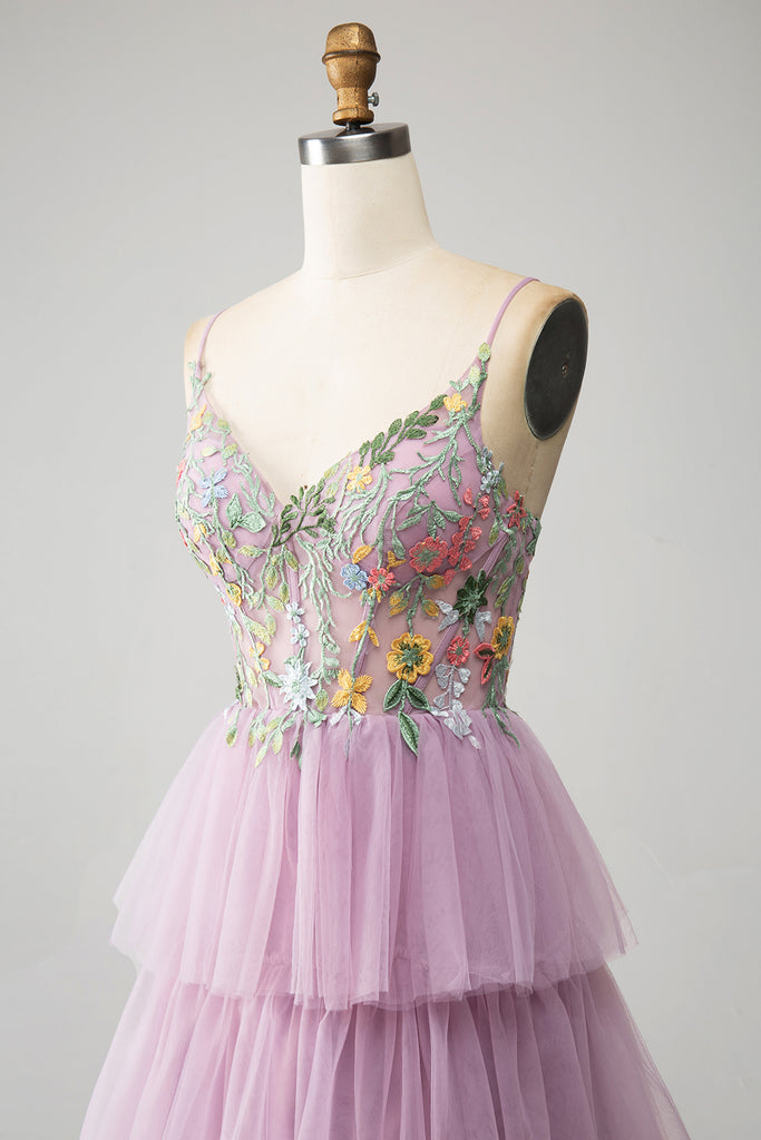 A-Line Sweetheart Applique Corset Tiered Tulle Dress Lilac main image 0