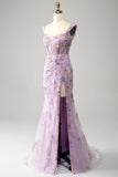 Light Purple Off The Shoulder Long Embroidered Mermaid Prom Dress Slit