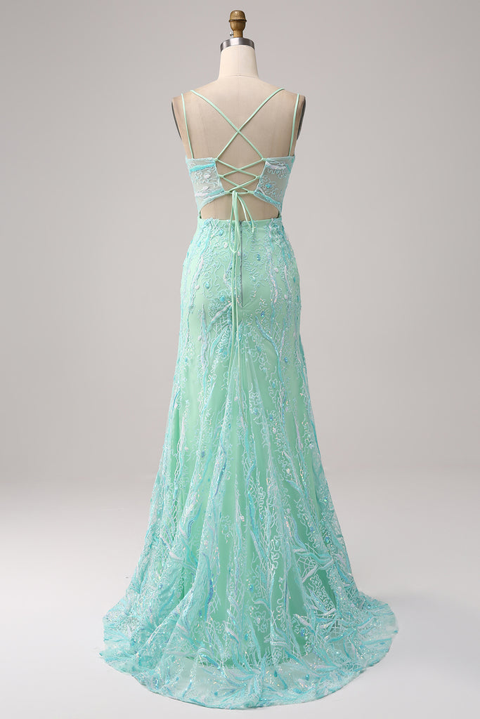 Mermaid Spaghetti Straps Satin Slit Green formal dresses Bridesmaid Dresses evening gown Prom Dress main image 1