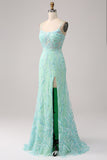 Green Mermaid Spaghetti Straps Sequins Long Prom Dress with Slit
