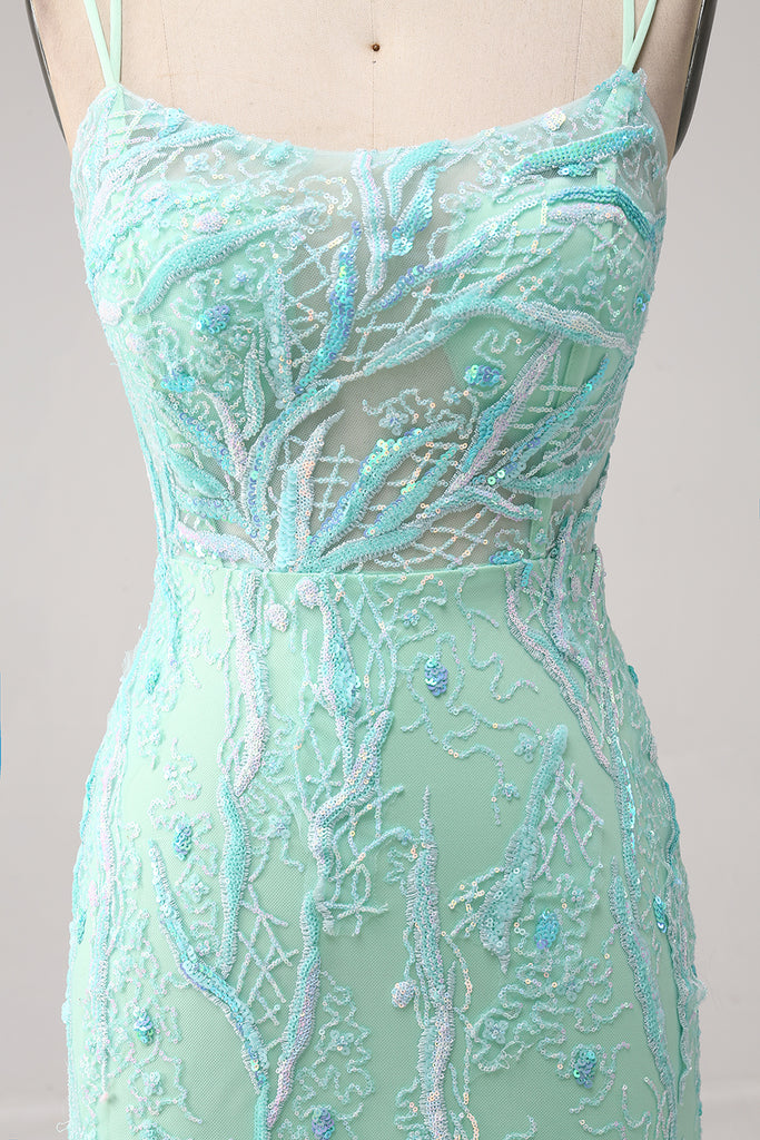 Green Mermaid Spaghetti Straps 3D Flowers Long Prom Dress with Slit