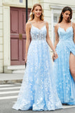 Gorgeous A Line Spaghetti Straps Sky Blue Corset Prom Dress with Appliques
