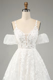 Ivory A-Line Tulle Spaghetti Straps Wedding Dress with Appliques