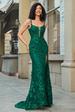 Stylish Mermaid Spaghetti Straps Dark Green Long Prom Dress with Appliques