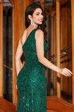 Stunning Mermaid One Shoulder Dark Green Sequins Long Prom Dress with Slit