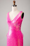 Sparkly Hot Pink Mermaid Prom Dress with Slit