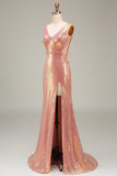Sparkly Hot Pink Mermaid Prom Dress with Slit
