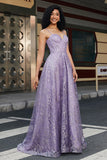 Princess A Line Spaghetti Straps Corset Purple Prom Dress with Beading