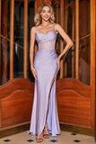 Trendy Mermaid Spaghetti Straps Lilac Corset Prom Dress with Split Front