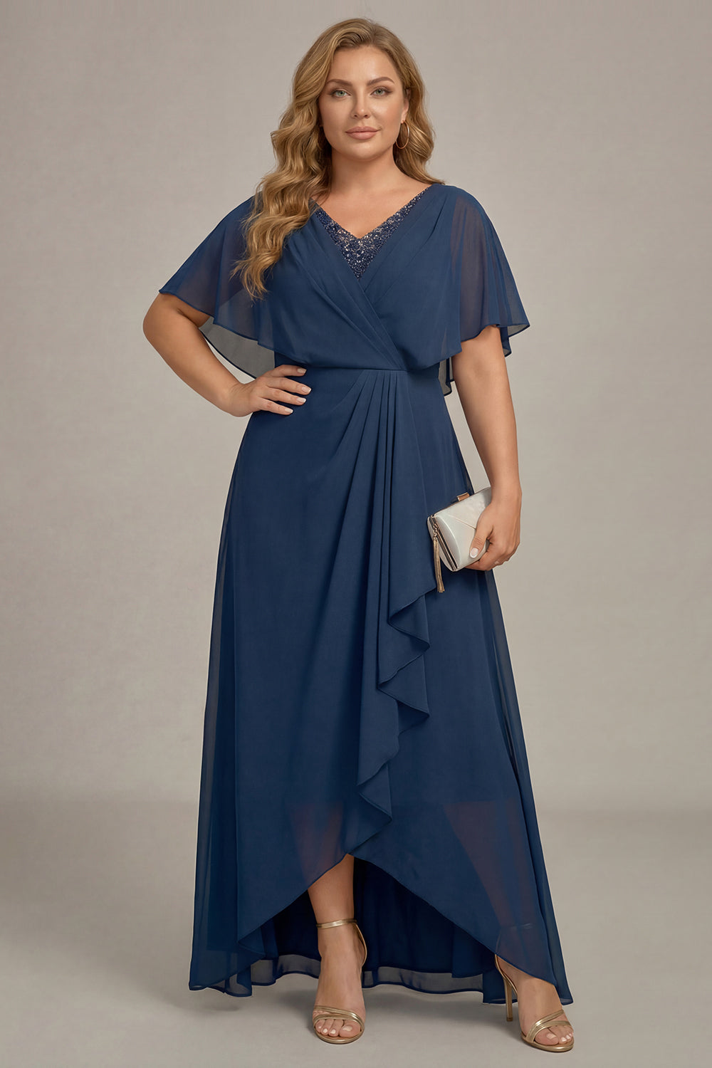 Zapaka Women Plus Size Navy Mother of the Bride Dress with Ruffles A-Line V-Neck Chiffon Long Wedding Guest Dress, Navy / US26W Zapaka Women Plus Size Navy Mother of the Bride Dress with Ruffles A-Line V-Neck Chiffon Long Wedding Guest Dress, Navy / US26W