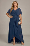 Navy A-Line V-Neck Plus Size Chiffon Mother of the Bride Dress with Ruffles